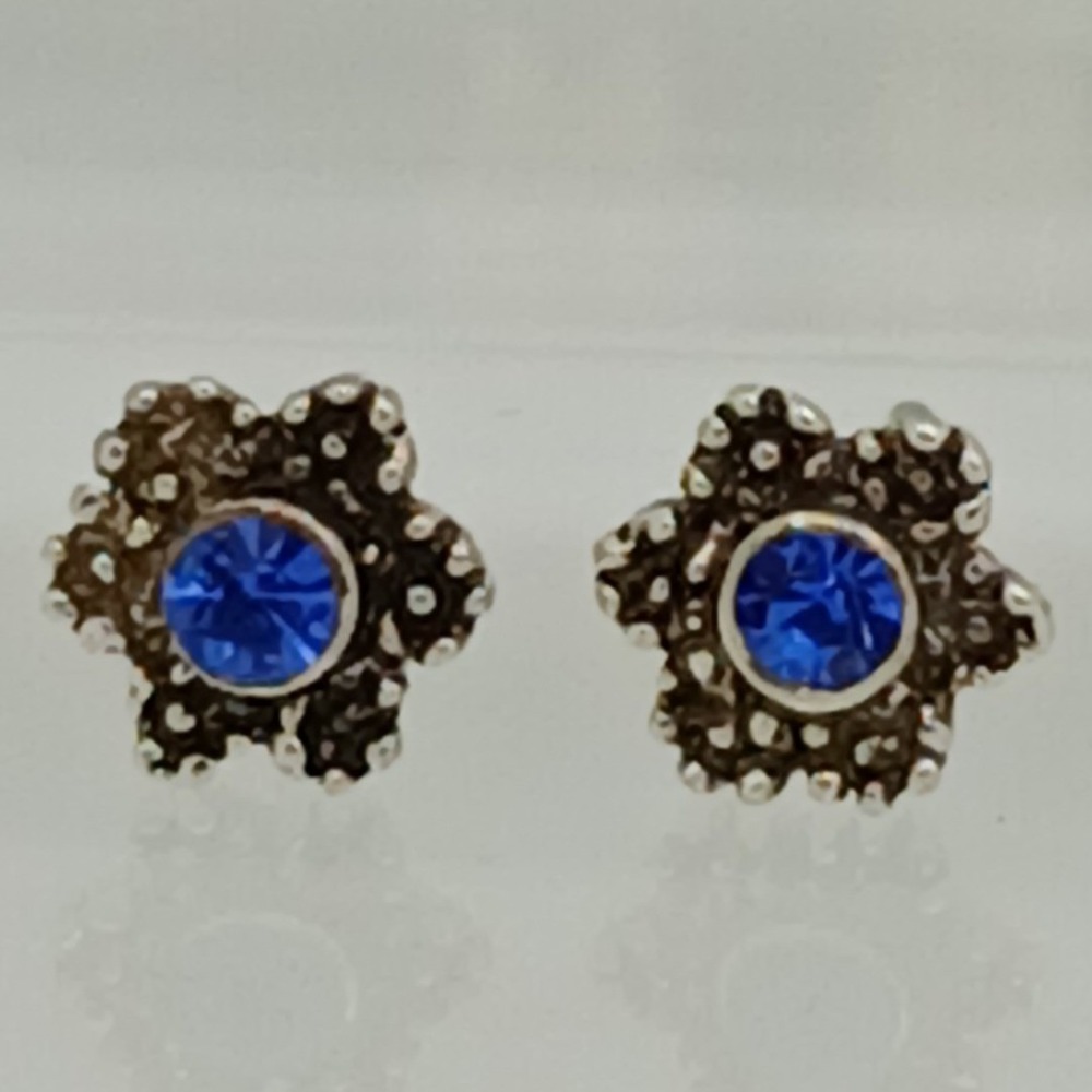 Vintage 925 Sterling Silver Blue Crystal Flower Stud Earrings Floral Jewelry - Picture 13 of 16
